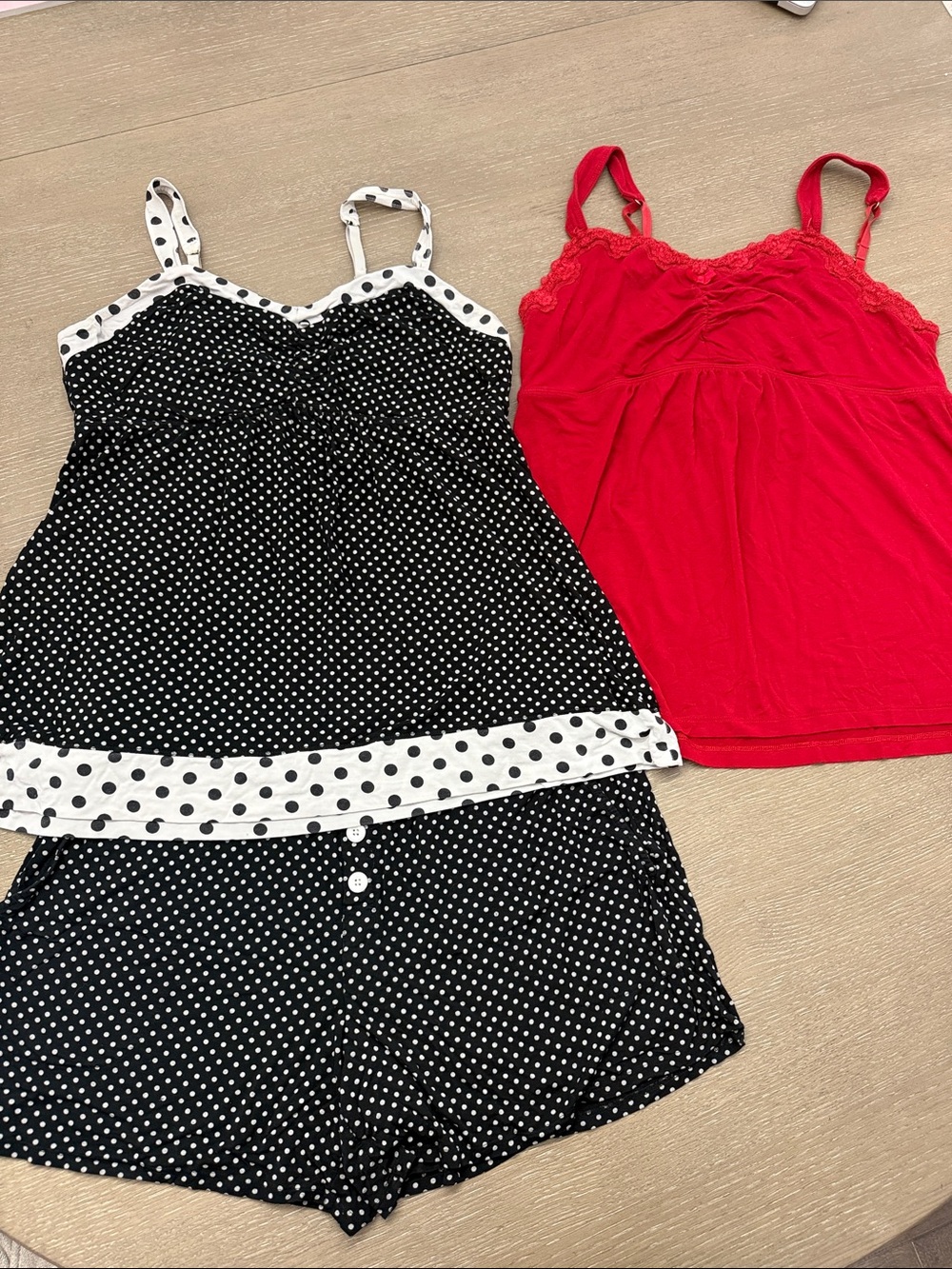 Woman’s Polka Dot Black & White Spaghetti Strap PJ’s with Red Camisole